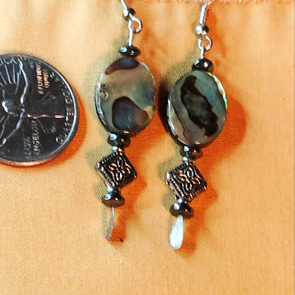 STERLING SILVER ABALONE,HEMATITE. STERLING-HYPOALLERGIC,  EAR WIRE EARRINS.2-2/4